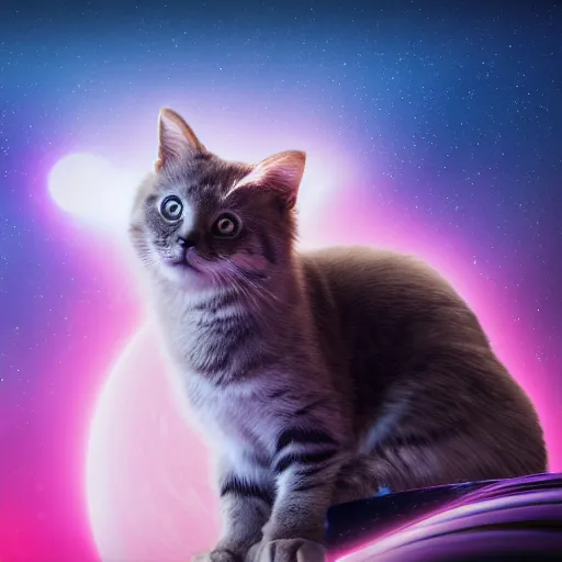 Prompt: a cute cat sitting on top of a planet, 4 k, space photography, ultra - realistic, synthwave