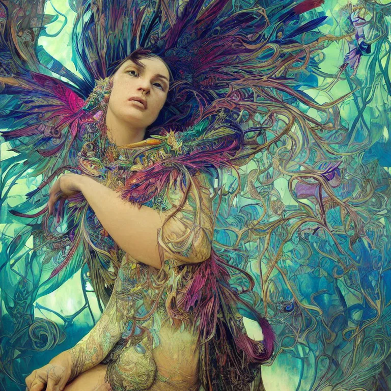 Image similar to A reality bending psychedelic ayahuasca experience, colorful, distorted, surreal, tropical bird feathers, dramatic lighting on the face, intricate, elegant, highly detailed, digital painting, concept art, smooth, sharp focus, illustration, art by Krenz Cushart and Wayne Barlowe and alphonse mucha