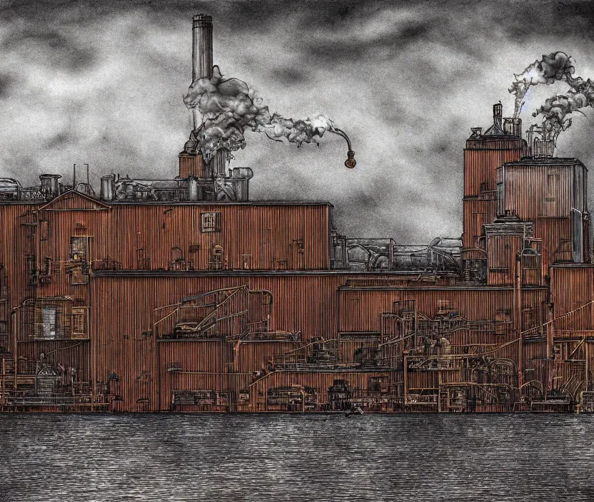 Prompt: A golden maroon steampunk factory on a harbor close to the ocean with cloudy skies in the fall months of october with steam shooting into the sky and polluting the sky, very nostalgic, very melancholic, dramatic angle, rotoscoped, rotoscope, photoshop, photomanipulation, realism, painting, illustration and sketch, weird scribbles, hybrid styles, hybrid art styles, mismatched, trending on artstation, trending on deviantart, weird, quirky, interesting, very detailed, highly detailed, HD Quality, 4k resolution, 8k resolution, in the style of David Firth, in the style of James Lee, in the style of Drue Langlois,