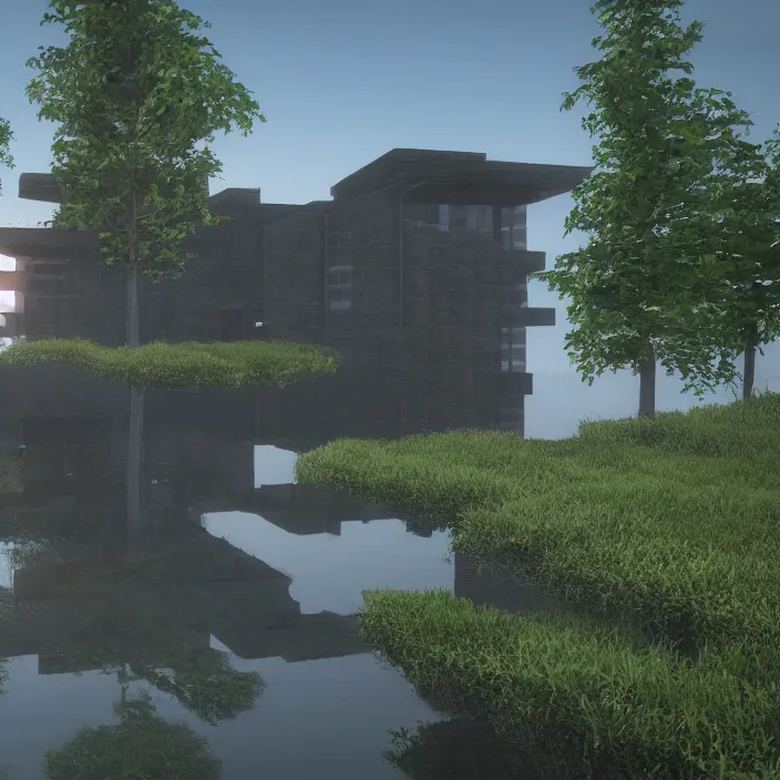 Image similar to a building in a serene landscape, unreal engine