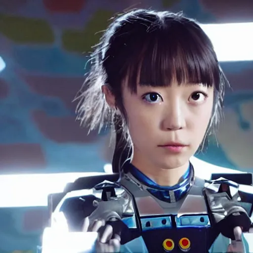 Image similar to still from a 2 0 1 9 japanese tokusatsu tv show starring actress mana ashida as a cybernetic female sentai hero fighting in sendagaya. science - fiction ; action.