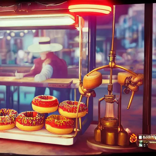 Prompt: Donuts on display at a USA western saloon in the 1800s, robot barkeep, muted cyberpunk style, tranquil, busy but lonely, atmospheric, hazy, sweltering, autochrome, 8k, reflections, octane render, unreal engine 5