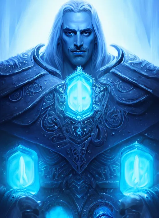 Prompt: portrait of a arthas the lich king, cold, glowing blue spirits, ghosts, intricate, elegant, highly detailed, digital painting, artstation, concept art, smooth, sharp focus, illustration, art by wlop, mars ravelo and greg rutkowski