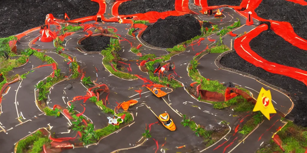 Image similar to diorama of a lava-themed mario kart track, studio lighting, high quality photo