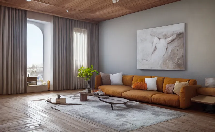 Image similar to a relaxing room with a wooden table and a big sofa and paintings on the wall, high quality, 8 k, architecture, symmetrical, harmonious, complementary colors, calm, high coherence, natural lighting, path traced, highly detailed, hyperrealistic, concept art, octane render, unreal engine 5, trending on artstation, beautiful, elegant