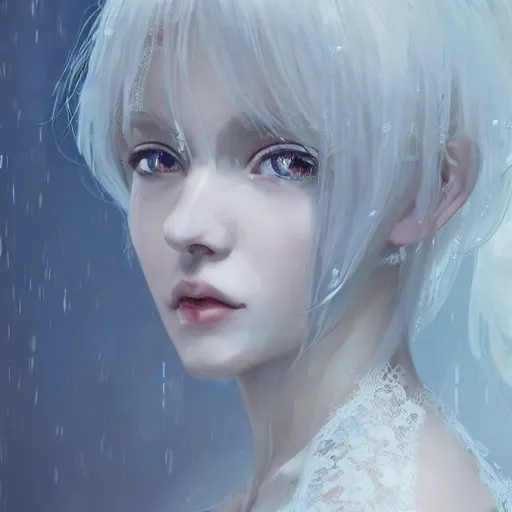 Image similar to Portrait of a white haired anime girl wearing a wet white lace nightgown, intricate, highly detailed, smooth, close-up, artstation, digital illustration by Ruan Jia