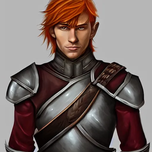 Prompt: character portrait, D&D, male half-elf, artificer, short red hair shaved on sides, white jacketed, half-plate armor, artstation, ultra detailed, todd lockwood