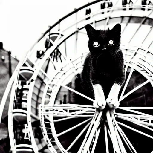 Prompt: cat!! in a ferris wheel, photo