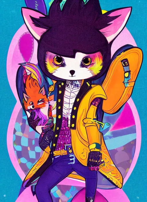 Image similar to A vintage painted illustration of an adorable chibi male rogue fox anime guy in the style of Lisa Frank Babs Tarr Hantine Hsu sitting in a couture leather and spike vest that has skulls on it