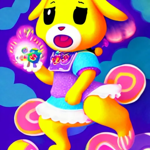 Prompt: isabelle from animal crossing in the style of lisa frank