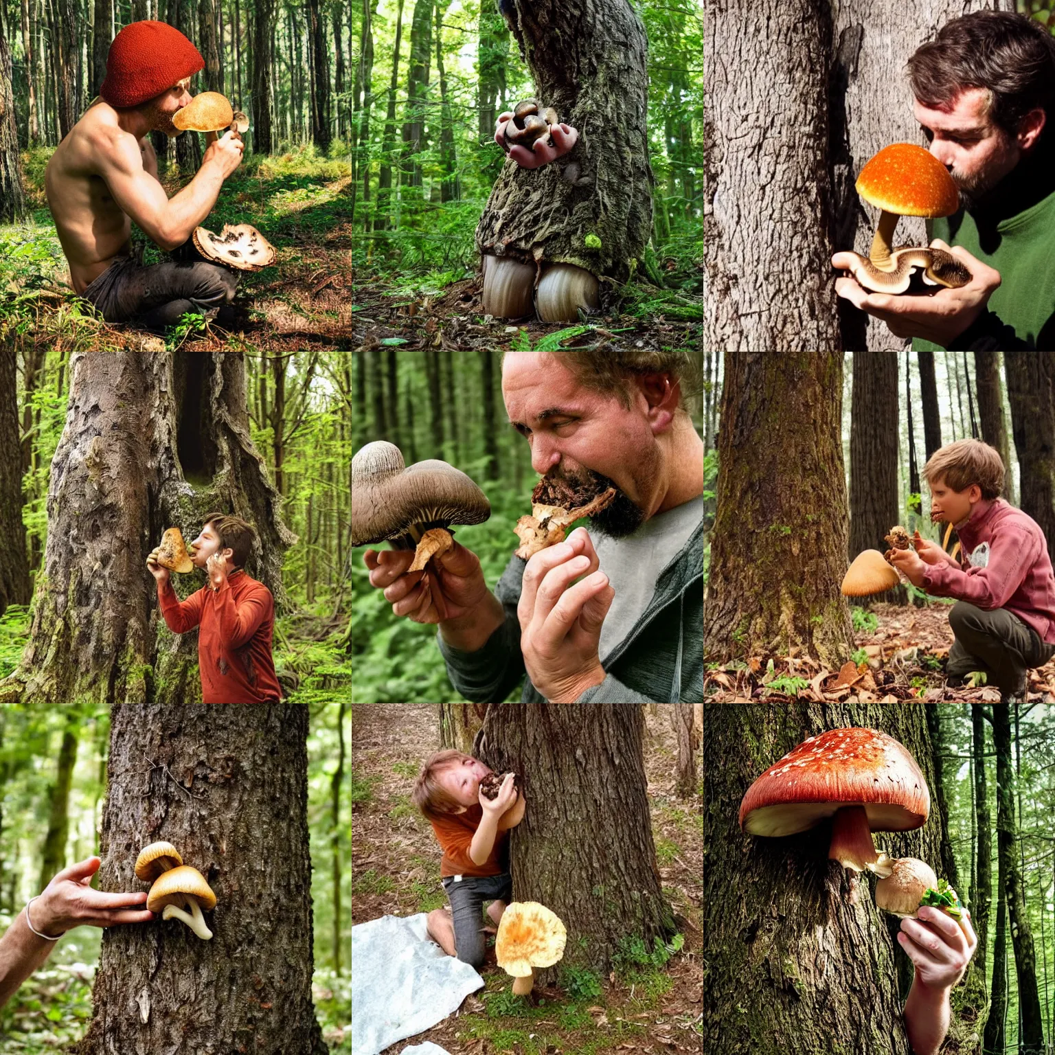 Prompt: photograph of a hungry treant savagely eating a mushroom!!! man