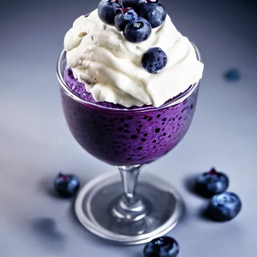 Prompt: one delicious looking blueberry icecream, blueberries on the side, whipped cream on top, milkshake glass, 8 k resolution, professional food photography, studio lighting, sharp focus, center frame, hyper - detailed