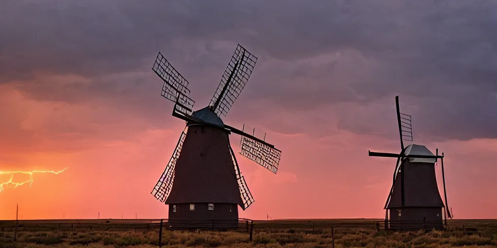 Image similar to photo of a stormy west texas sunset, perfect windmill, film photo, lightning, golden hour, high quality, beautiful!!!