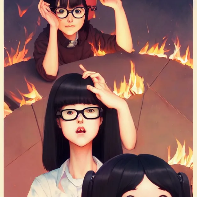 Prompt: a beautiful slim introverted black haired nerd girl in a fire pit, art by ilya kuvshinov and lois van baarle and ross tran and range murata and artgerm and andy warhol, norman rockwell, mystical trending on artstation hq, pinterest, unreal engine 5, 4 k uhd image