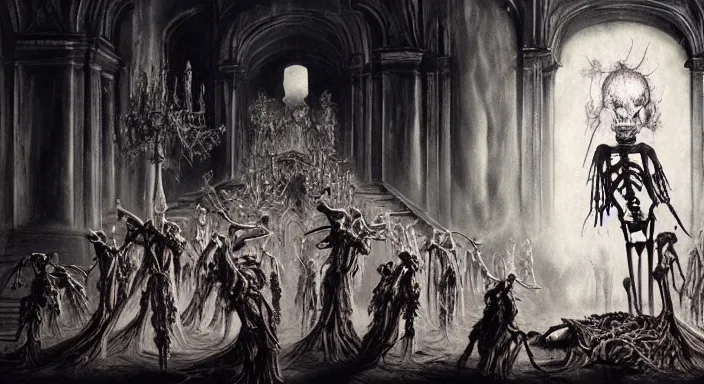 Image similar to photo of undead skeletons performing a sacred blasphemous mind-bending ritual, style of Wayne Barlowe, lavish rococo baroque setting, fashion-photography, unholy ceremony, sacrilegious rite, evil, menacing, ominous, threatening, sinister, malevolent. Highly-detailed, photographic, cinematic, dramatic, establishing shot