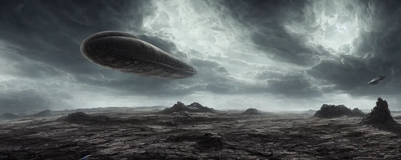 Prompt: a large organic like spaceship landing on a barren dry land with an epic cloud formation on the background by HR GIger, Dariusz Zawadzki, gustave doré, zhuoxin ye, very detailed, octane render, 8k, oranate and brooding, scary and dark, canon 24mm lens