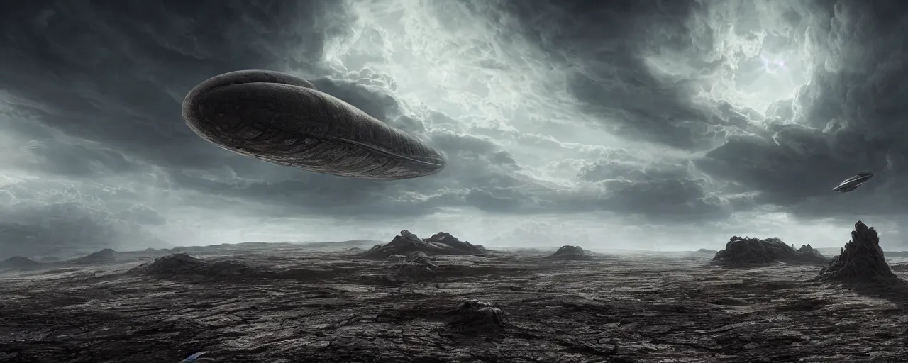 Image similar to a large organic like spaceship landing on a barren dry land with an epic cloud formation on the background by HR GIger, Dariusz Zawadzki, gustave doré, zhuoxin ye, very detailed, octane render, 8k, oranate and brooding, scary and dark, canon 24mm lens