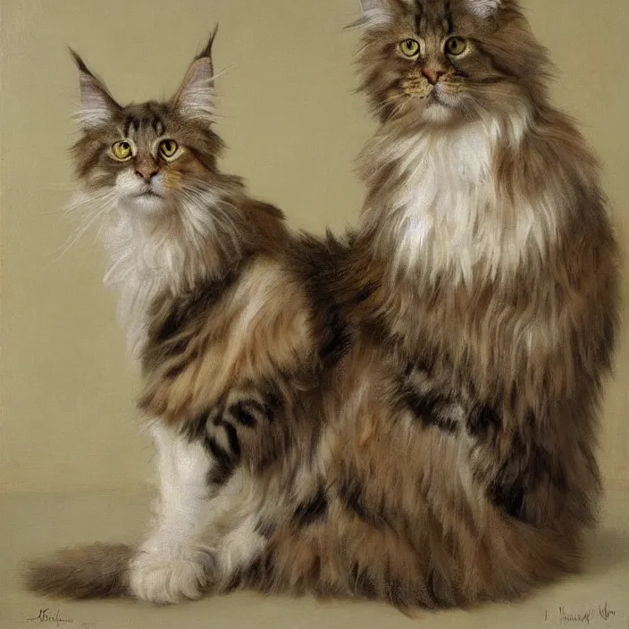 Image similar to A realistic renaissance oil painting of a Maine Coon cat, bi-colored with white and ginger fur, pale yellow eyes, portrait