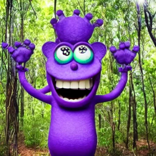 Prompt: a photo of a friendly violet monster with 6 arms and 10 eyes wearing a top hat smiling in an australian bush forest