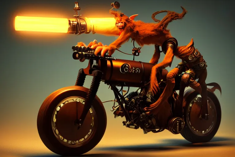 Image similar to a goblin riding a steampunk motorcycle, volumetric light, studio light, hyperdetailed, artstation, cgsociety, 8k