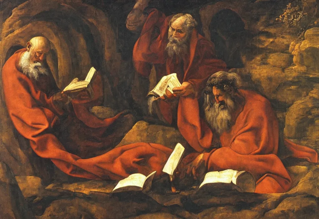 Prompt: saint jerome in the cave translating the bible into vulgate oil painting in the style of michelangelo