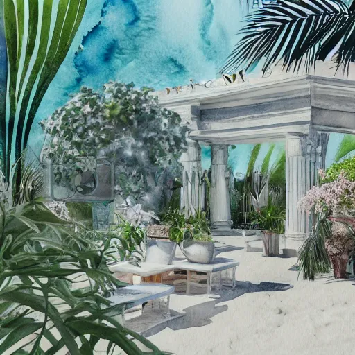 Image similar to delicate marble garden on jupiter's moon, beach volleyball babes, botanic watercolors, iridescent, 8 k wide angle, realistic shaded, fine details, artstation, italian, colonnade, oak tree, hydrangea, gardena architecture, party atmosphere