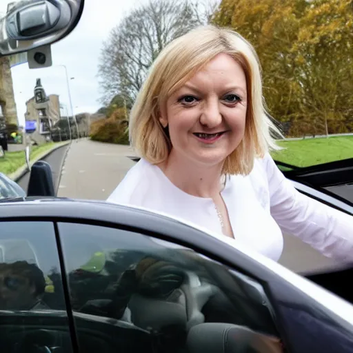 Prompt: liz truss sat in a car looking at a no u turn sign