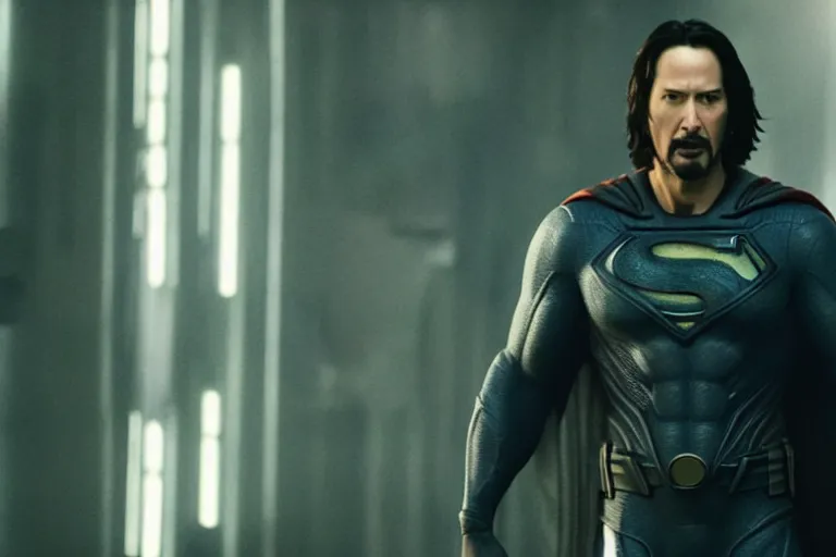 Image similar to film still of Keanu Reeves as Superman in Justice League movie, 4k