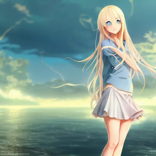 Image similar to a very beautiful anime cute girl, full body, long wavy blond hair, sky blue eyes, full round face, short smile, fancy top, miniskirt, front view, summer lake setting, cinematic lightning, medium shot, mid-shot, highly detailed, cinematic wallpaper by Stanley Artgerm Lau