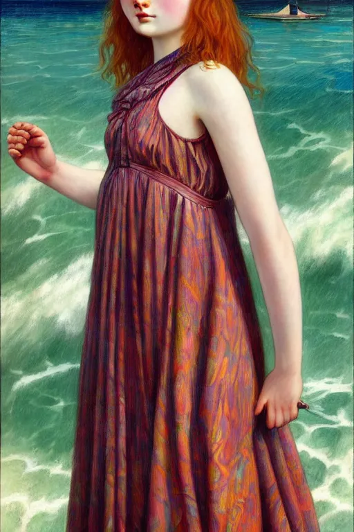 Image similar to a sadie sink wearing a dress emerging from the water, oil on canvas, symetrical, sensuality, hyper realistic, artstation, by j. c. leyendecker and edmund blair leighton and charlie bowater, instagram photo