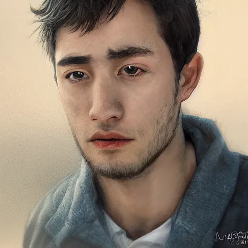 Image similar to photorealistic portrait of gerald darmanin as a sad pathetic alpha male, immature, fantasy, ugly, depth of field, bokeh, soft focus, detailed, soft glow, caravagio, high contreast, art by artgerm