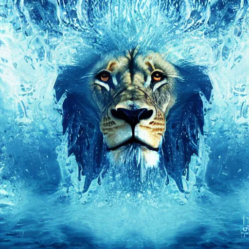 Image similar to a male lion's face breaching through a wall of water, water sprites, splashing, deep blue water color, highly detailed, realistic digital art