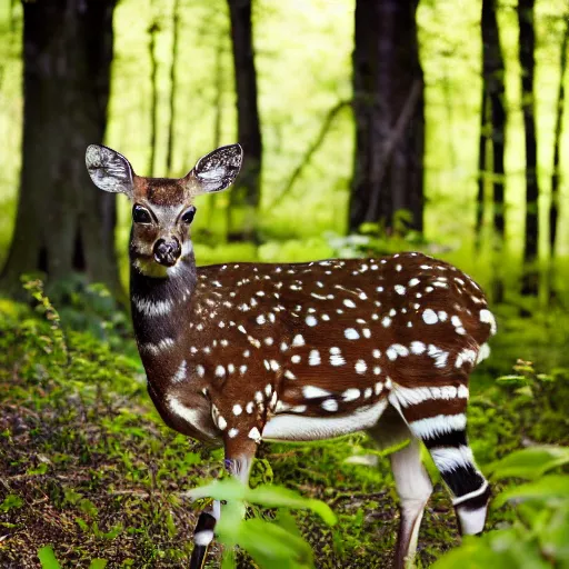 Prompt: a beautiful spotted deer in the woods, canon eos c 3 0 0, ƒ 1. 8, 3 5 mm, 8 k, medium - format print