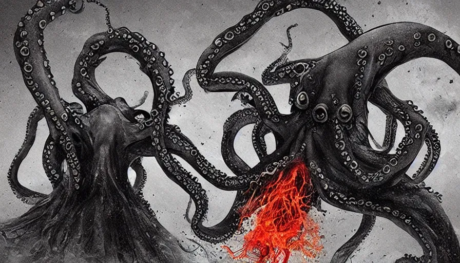 Image similar to big budget horror movie scene where an octopus explodes out of a man\'s head