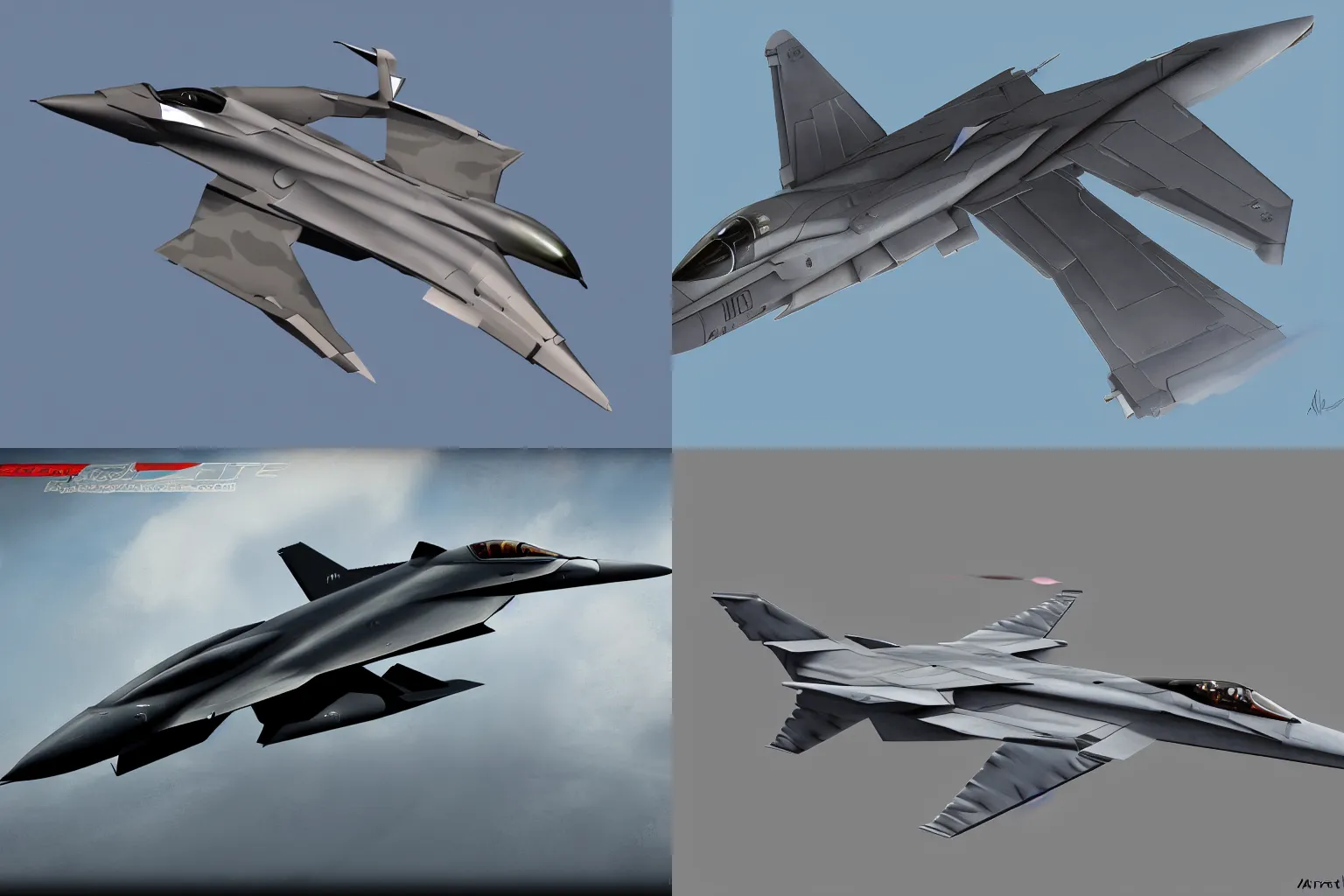 Prompt: future concept modern fighter jet, realistic, tomcat jet, raptor jet, hornet jet, falcon jet, digital art, trending on artstation