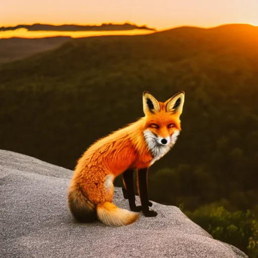 Image similar to a fox standing at the edge of a rock cliff made of granite, golden hour, dslr photo
