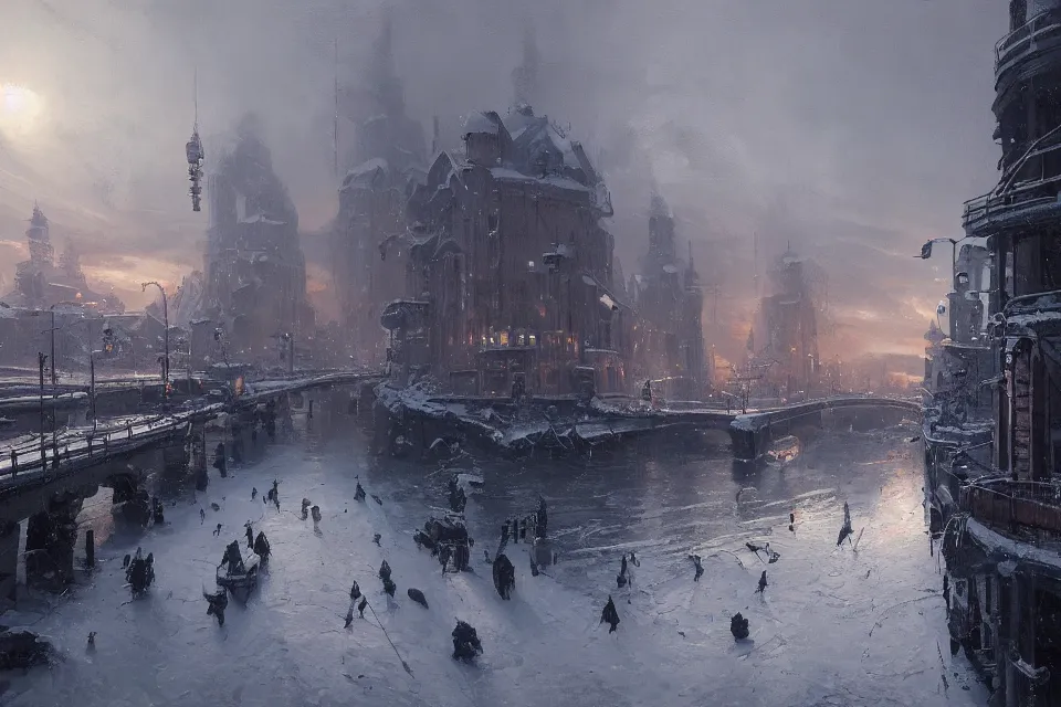 Prompt: highly detailed painting of dieselpunk stockholm, winter, snow, river, by greg rutkowski, 4 k resolution, trending on artstation