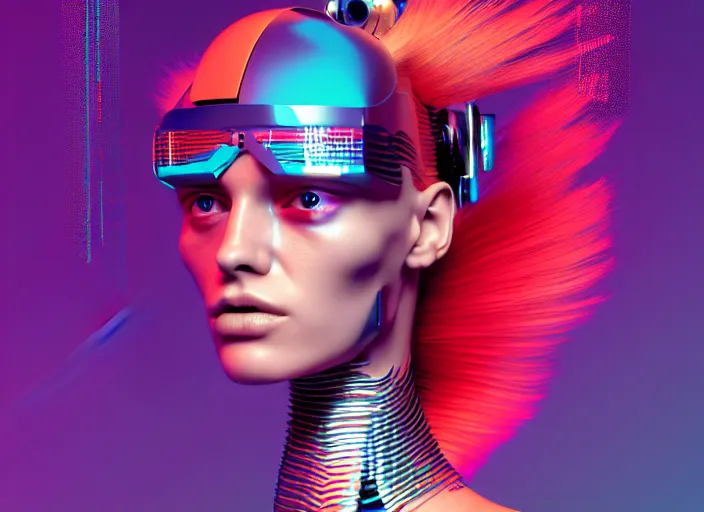 Prompt: portrait of a post modern cyborg fashion model with an exuberant hair style, colorful, octane render, vray, detailed, halftoned, editorial illustration, matte print, grainy light, ( ( dither ) ), risograph, high contrast, screen print