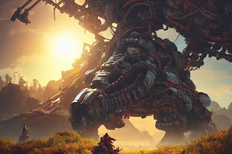 Image similar to shell - walker machine mecanical creature robot of horizon forbidden west horizon zero dawn radiating a glowing aura global illumination ray tracing hdr fanart arstation by ian pesty and alena aenami artworks in 4 k