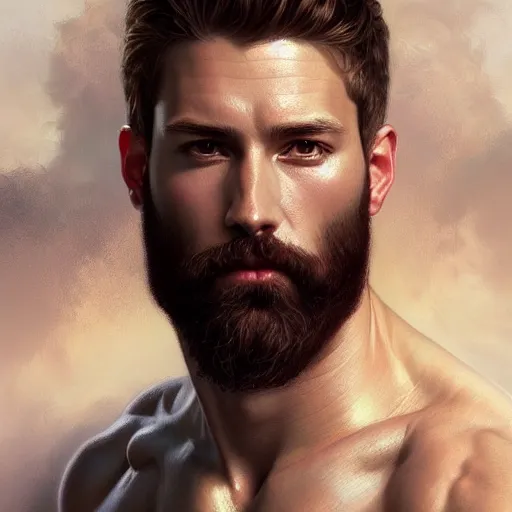 Prompt: portrait of a heavenly god, male, clear face, red and white and gold, masculine, beard, upper body, muscular, fantasy, intricate, elegant, dramatic lighting, highly detailed, digital painting, artstation, concept art, matte, sharp focus, illustration, art by artgerm and greg rutkowski and alphonse mucha