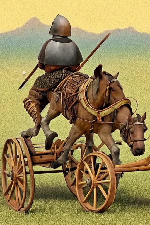 Prompt: a ( ( ( ( ( ( ( ( knight ) ) ) ) ) ) ) ) riding a wagon!!!!!!!!!!!!!! by chris mcgrath and greg rutowski, muted colors, detailed