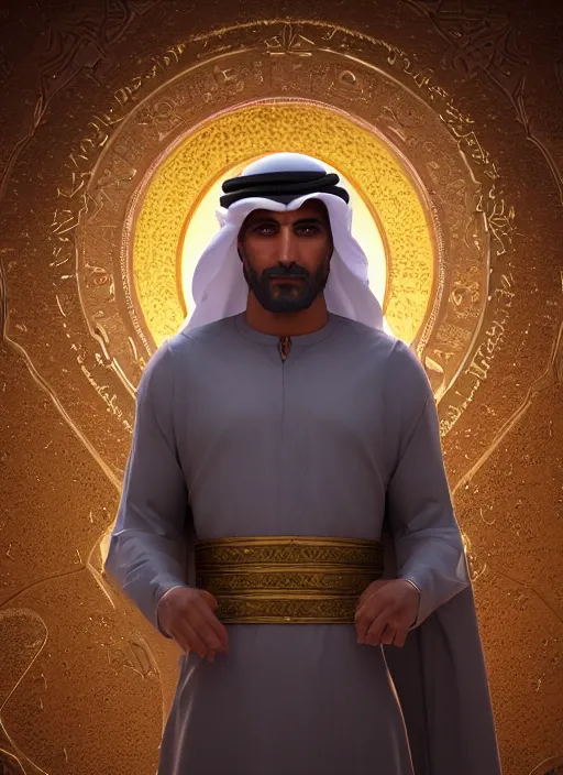 Image similar to portrait of sheikh ruler of dubai, djinn, head and torso only, cinematic lighting, studio quality, smooth render, unreal engine 5 rendered, octane rendered, art style by klimt and nixeu and ian sprigger and wlop and krenz cushart.