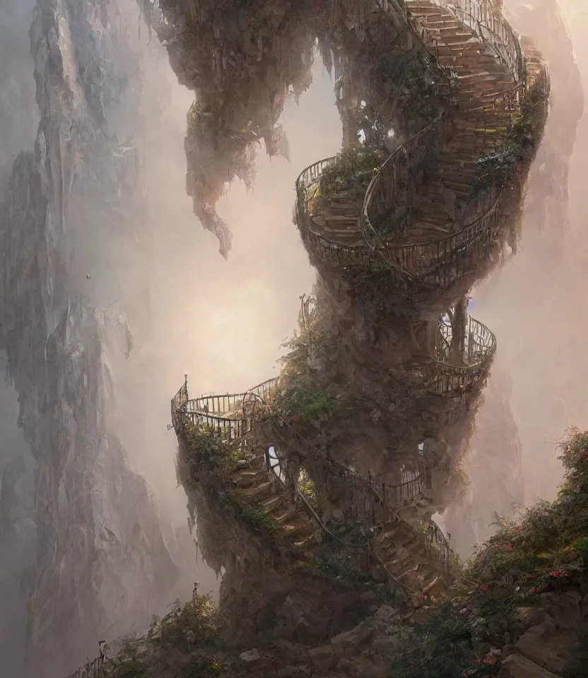 Prompt: a spiral staircase underground leads down to the center of the earth, mist, tyndall effect, artstation. hyperdetailed, greg rutkowski, thomas kinkade