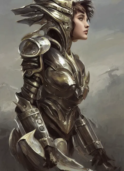 Prompt: a professional painting of a beautiful young female, wearing a metallic dragon-shaped helmet, clothed in dragon-shaped battle armor, olive skin, long dark hair, beautiful bone structure, symmetrical facial features, intricate, elegant, digital painting, concept art, smooth, sharp focus, illustration, from Metal Gear, by Ruan Jia and Mandy Jurgens and Greg Rutkowski and Artgerm and William-Adolphe Bouguerea