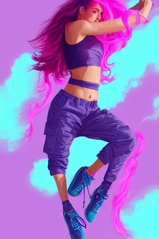 Image similar to a award winning half body porttrait of a beautiful woman in a croptop and cargo pants with ombre purple pink teal hairstyle with head in motion and hair flying, outrun, vaporware, shaded flat illustration, digital art, trending on artstation, highly detailed, fine detail, intricate