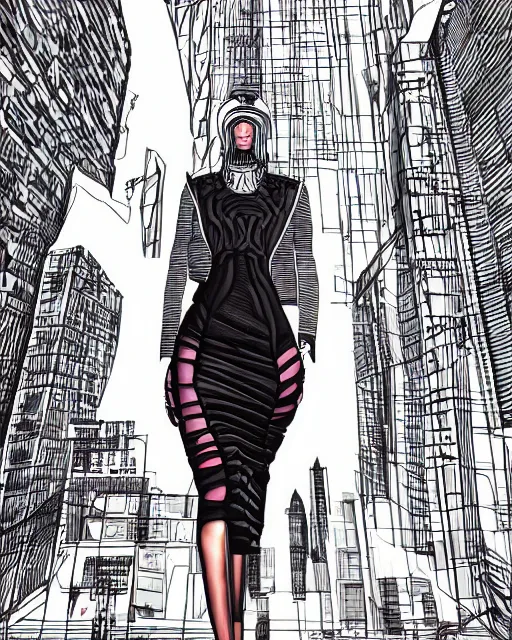 Image similar to cypherpunk fashion illustration, camera face, city street background with high tall buildings, abstract portrait highly detailed, finely detailed