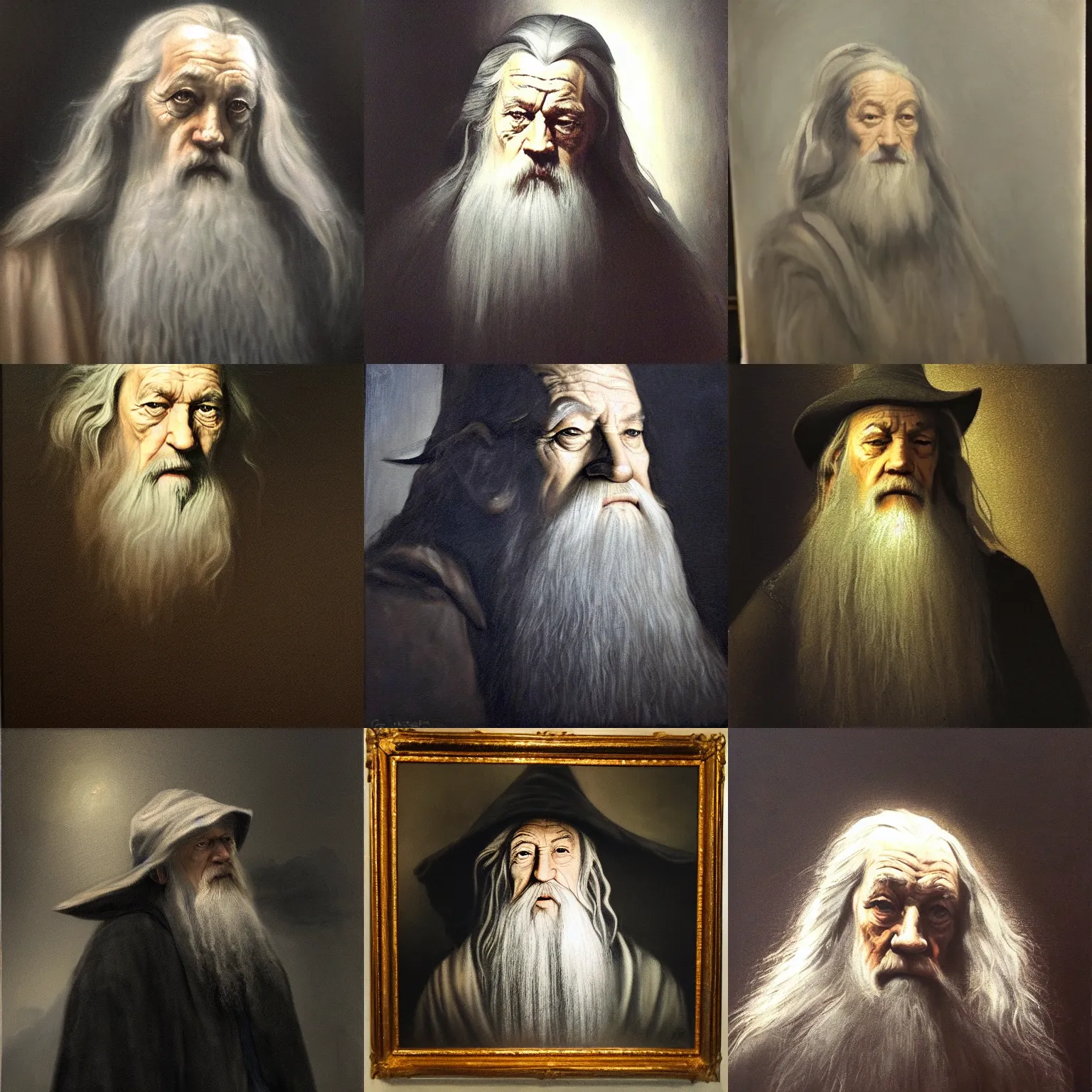 Prompt: portrait of gandalf, the gray ( melancholic, thoughtful... ), low key lighting dark background, oil canvas by rembrandt