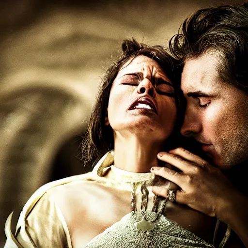 Image similar to woman crying next to a knight's body, cinematic, dramatic scene