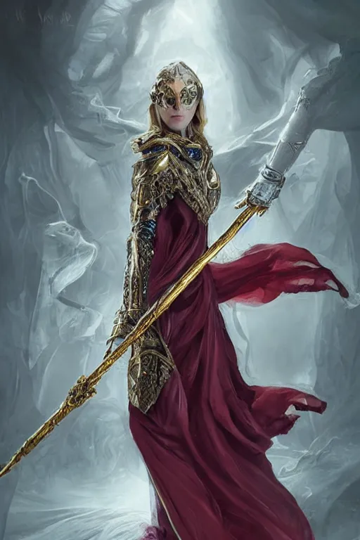 Image similar to a muse of beauty, Elspeth Knight Errant, long flowing cape and cowl, silver and gold heavy armour, long magical staff with ruby gems, young female face, liquid magic, cinematic top lighting, insanely detailed and intricate, face by wlop, Charlie Bowater, golden ratio, symmetric, elegant, ornate, luxury, elite, matte painting, MTG, magic the gatheing, cinematic, cgsociety, 8k, high resolution, trending on artstation, deviantart and pinterest