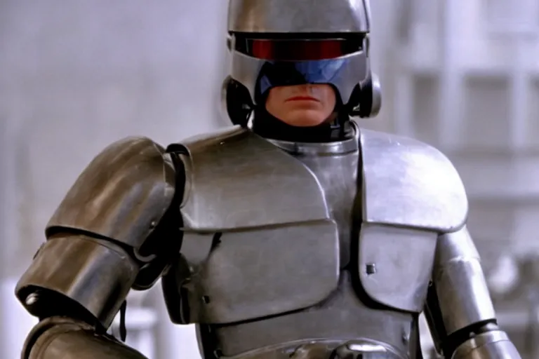 Prompt: Film still of George Washington as RoboCop in the movie RoboCop